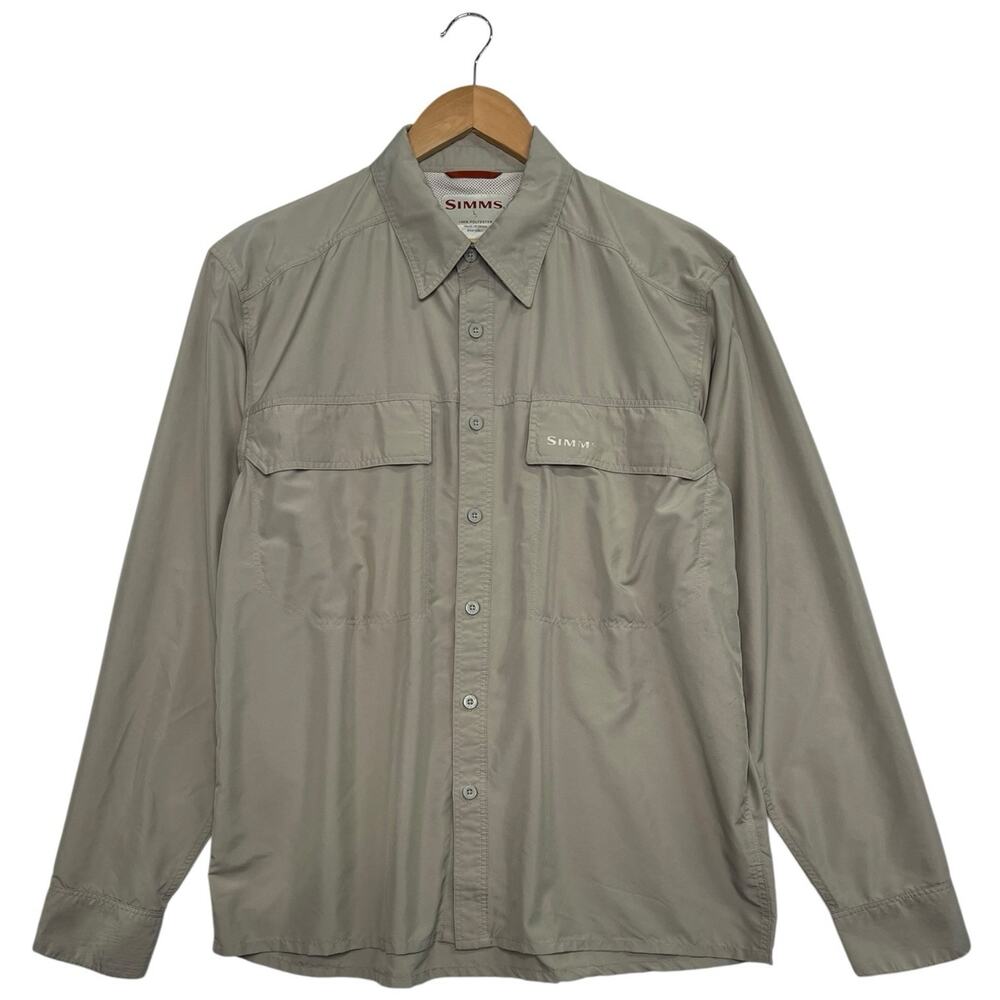Simms Fishing Shirt Mens Large Beige Button Up Long Sleeve Outdoor Angler Hiking